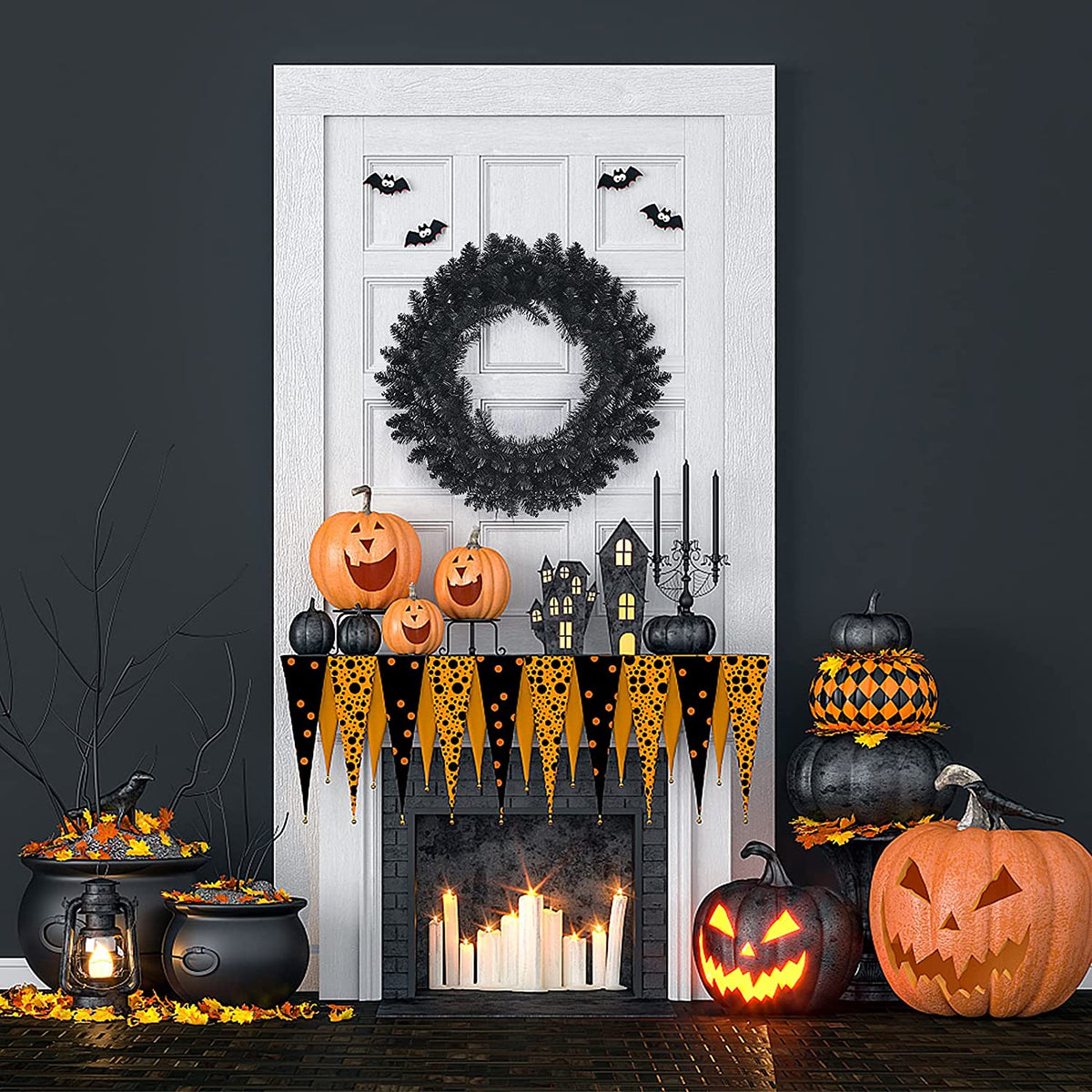 24' Black Halloween Wreath, Pre-lit Artificial Christmas Wreath - LucktreeUS