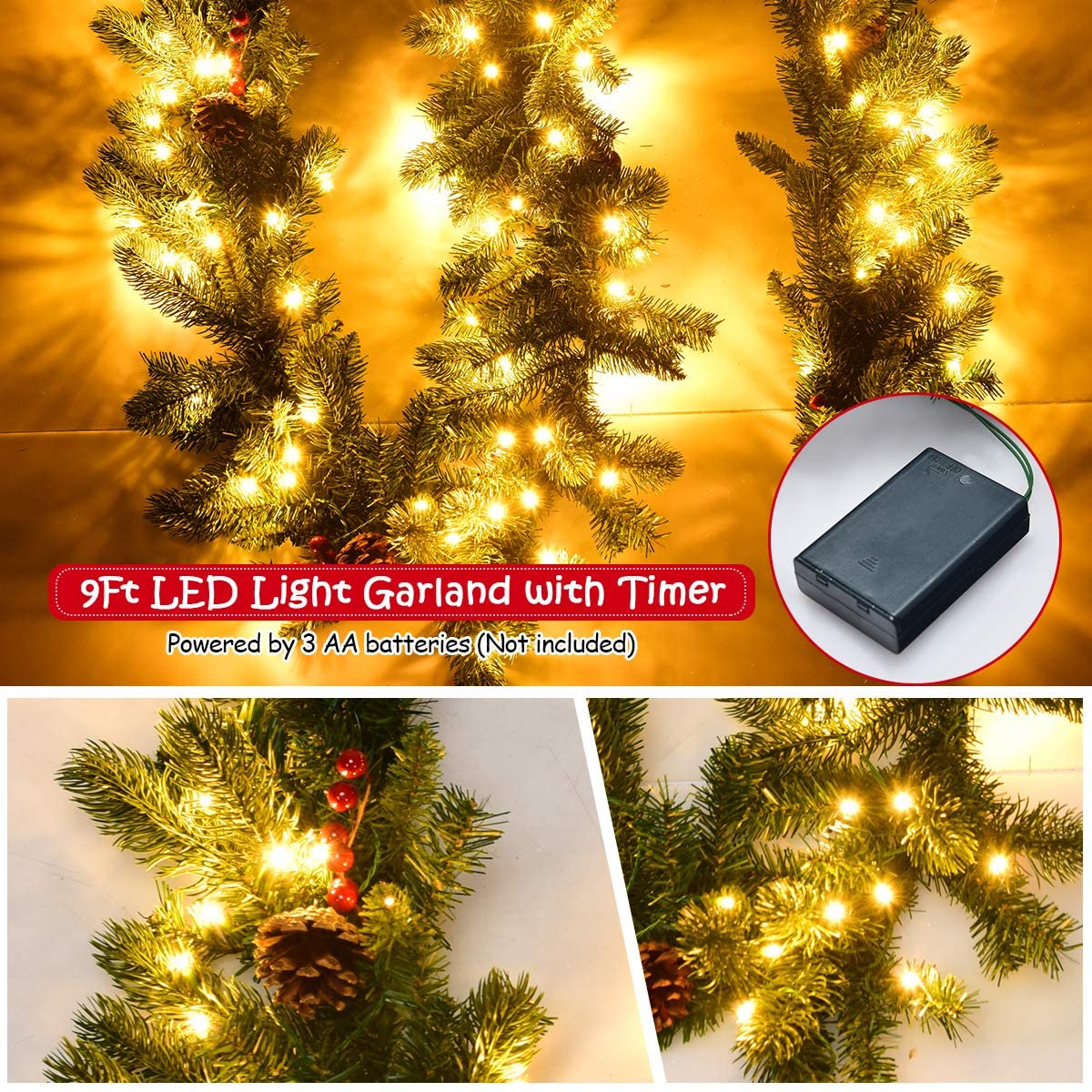 9FT Pre-lit Christmas Garland with 100 LED Lights - LucktreeUS