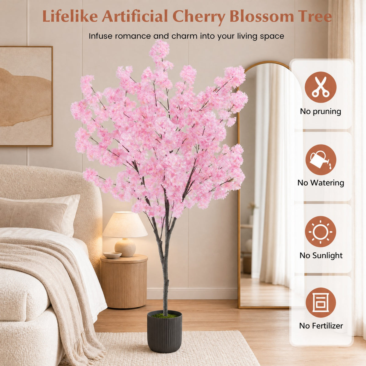 6.5FT Artificial Cherry Blossom Tree, Faux Pink Cherry Plant with Sturdy PE Trunk & Cement-Filled Nursery Pot