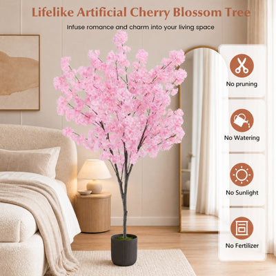 6.5FT Artificial Cherry Blossom Tree, Faux Pink Cherry Plant with Sturdy PE Trunk & Cement-Filled Nursery Pot