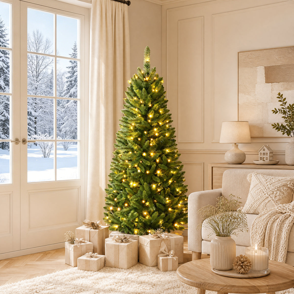 5FT/6FT/6.9FT Artificial Christmas Tree, Modern Christmas Tree w/ LED Lighting