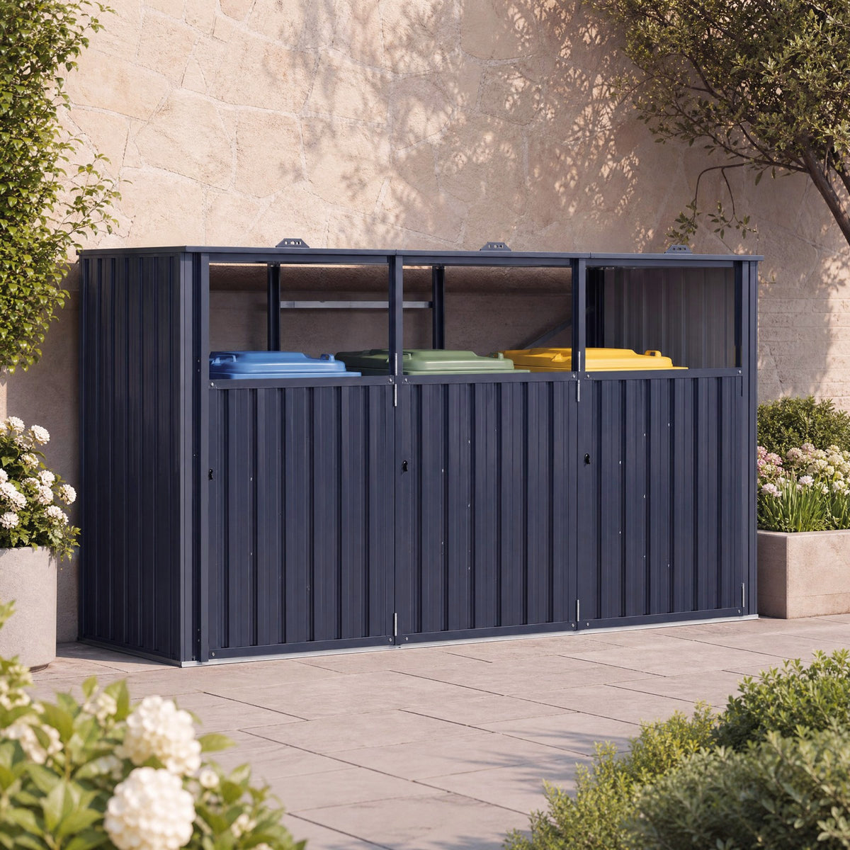 3-Bin Metal Trash Can Storage Shed, 238 x 79 CM Outdoor Garbage Shed with Flip-Up Lids & Lockable Doors