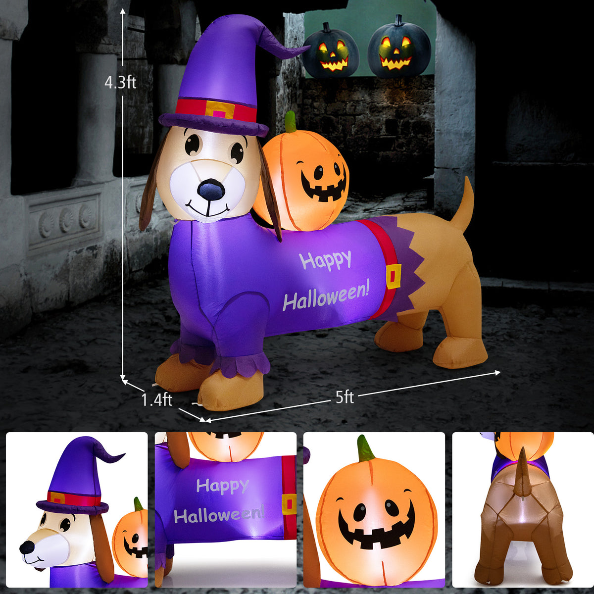 5FT Long Halloween Inflatable Dachshund, Blow Up Wiener Dog with Pumpkin & Witch Hat