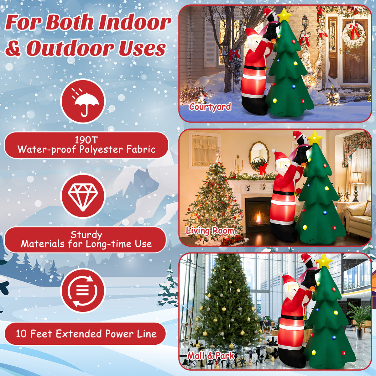 6FT Inflatable Christmas Decoration, Blow Up Christmas Tree & Santa Claus with Penguin