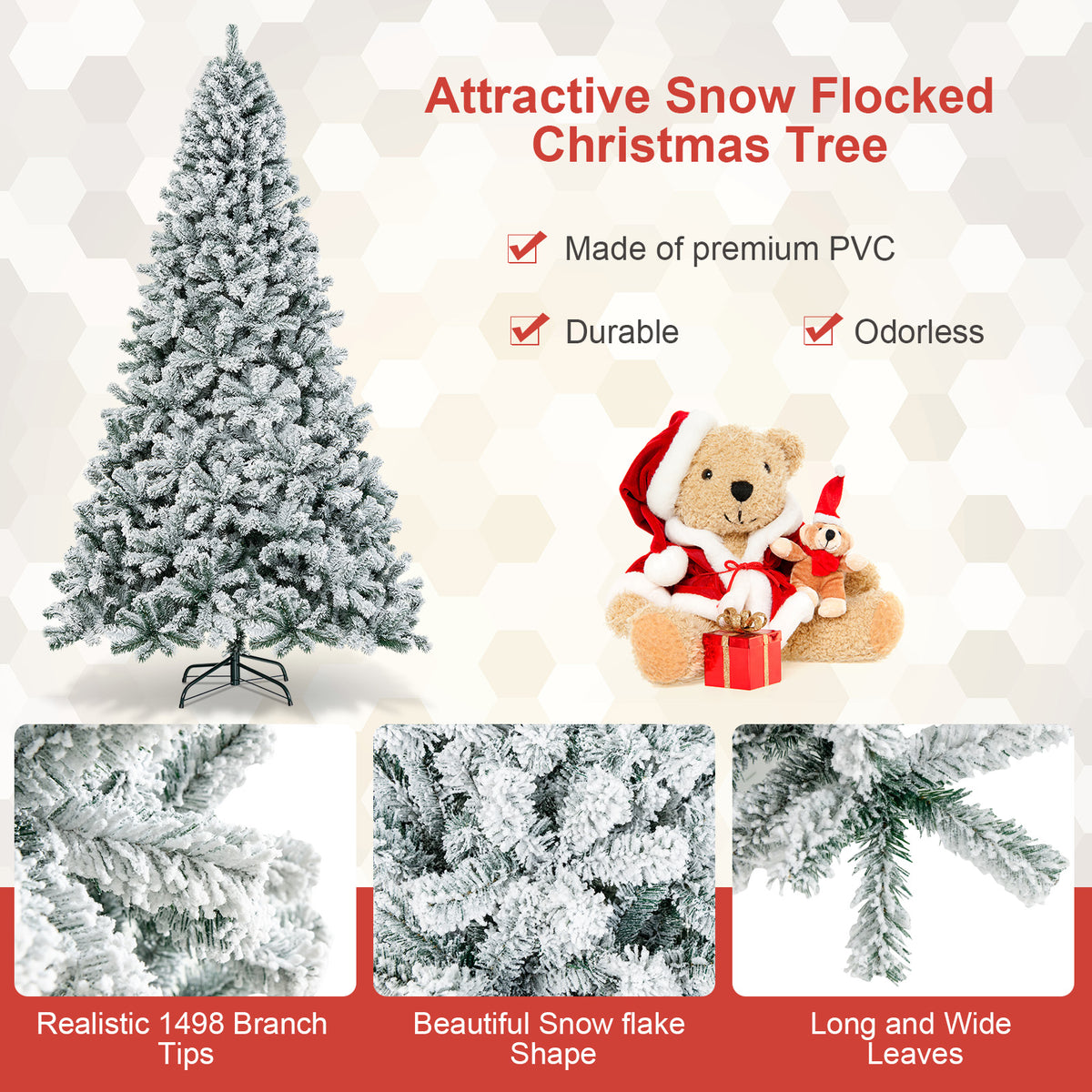 9FT Flocked Christmas Tree, Artificial Xmas Tree w/PVC Needles, Metal Stand