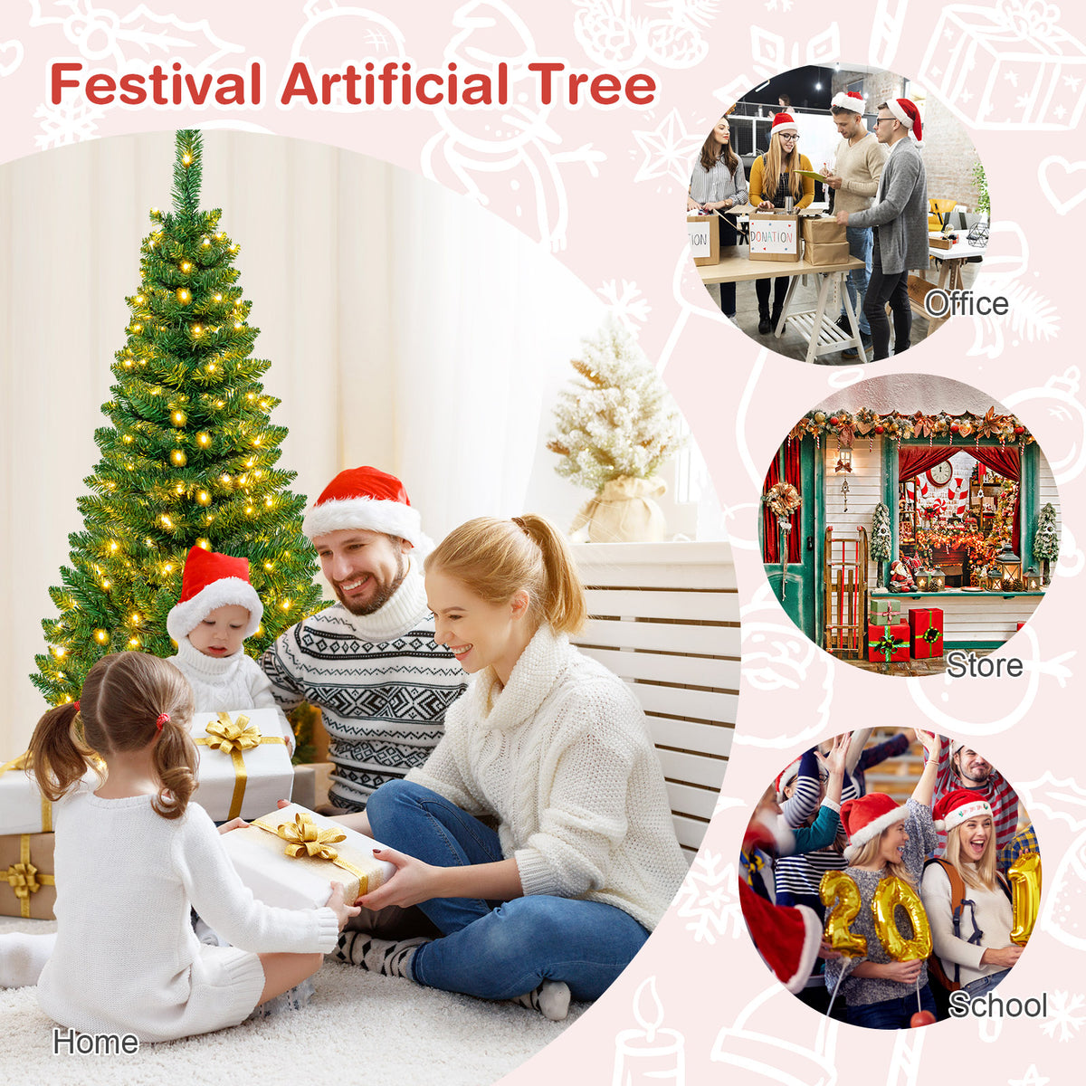 4.5 ft Snow Flocked Pencil Christmas Tree, Pre-Lit Slim Xmas Tree with 226 Branch Tips