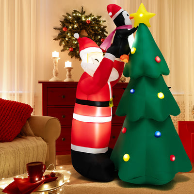 6FT Inflatable Christmas Decoration, Blow Up Christmas Tree & Santa Claus with Penguin