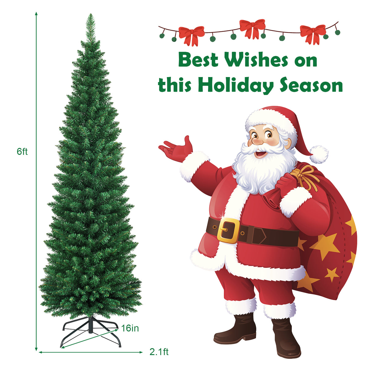 5/6/7/8/9 FT Slim Pencil Artificial Christmas Tree, Unlit Green Xmas Tree with Lush PVC Branch Tips