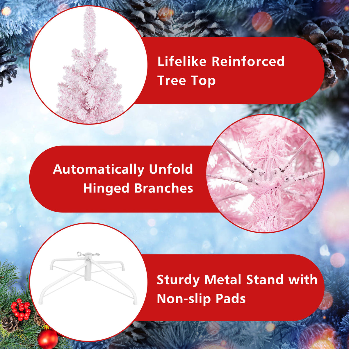 7.5 FT Pre-Lit Artificial Christmas Tree with Snow Flocked Pink Leaves