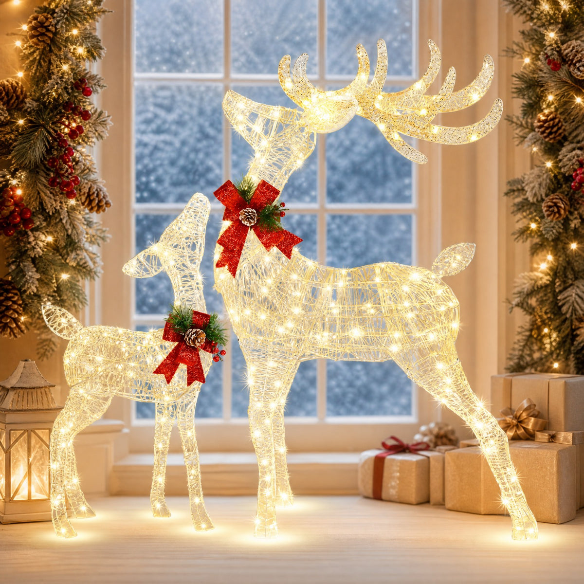 Lighted Christmas Reindeer Decoration, Small Holiday Deer Figure with 50 LED Lights & 4 Stakes