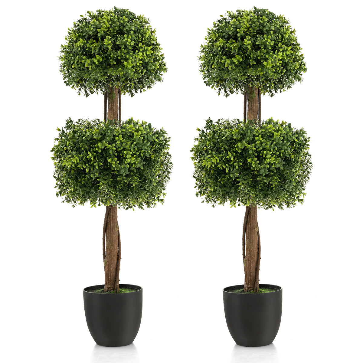 40" Artificial Boxwood Topiary Ball Tree, Double Ball Boxwood Plant with Cement-Filled Plastic Pot