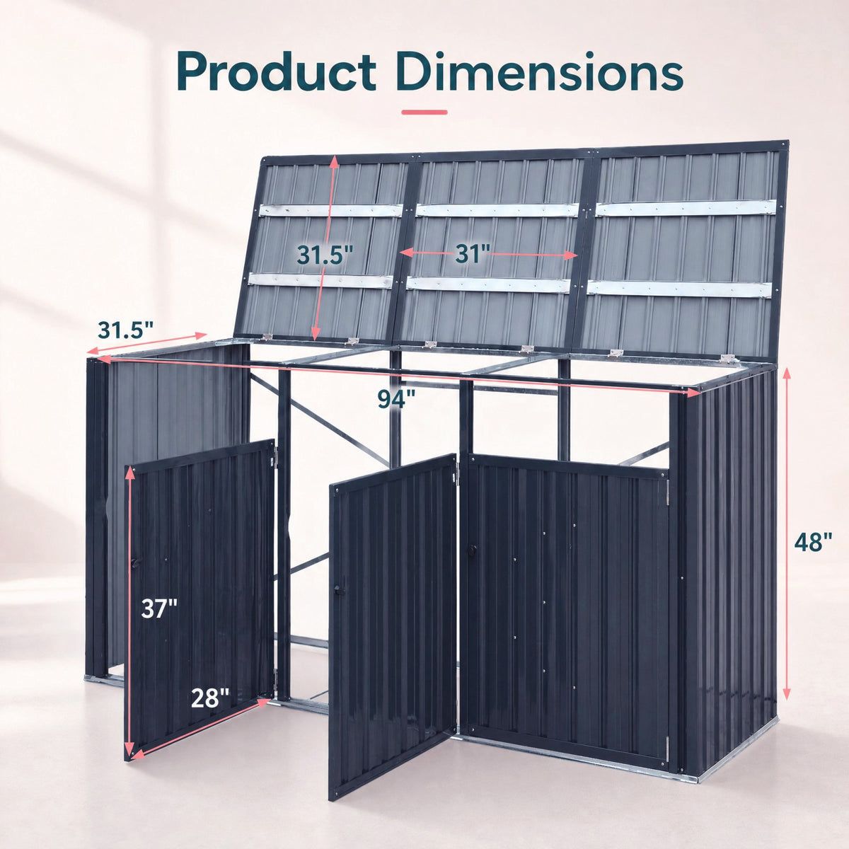 3-Bin Metal Trash Can Storage Shed, 238 x 79 CM Outdoor Garbage Shed with Flip-Up Lids & Lockable Doors