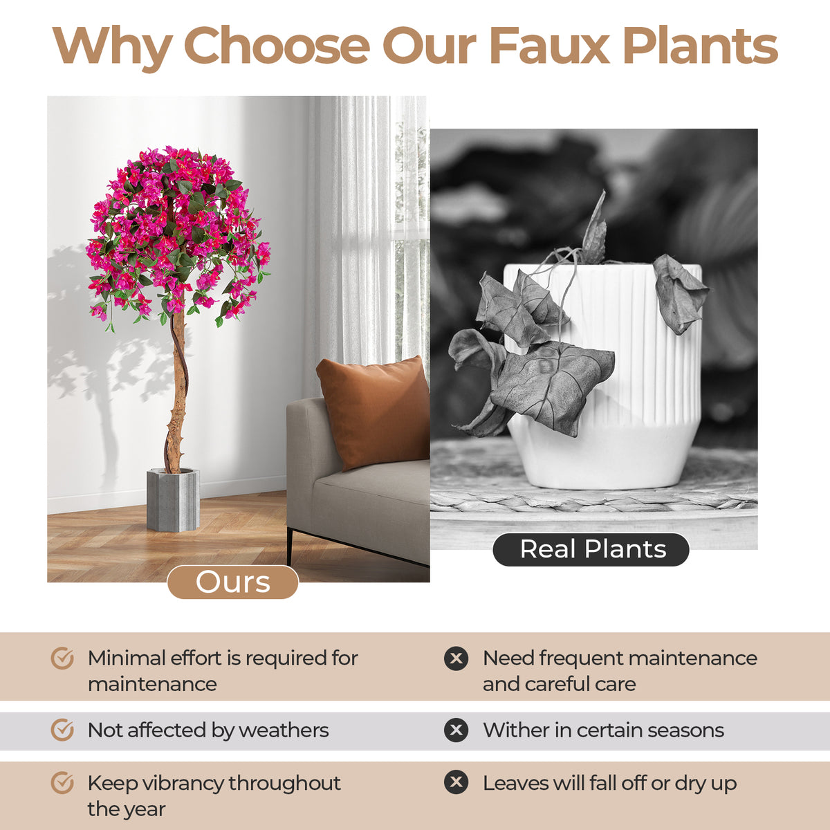 53" Artificial Bougainvillea Tree, Faux Silk Flower Plant in Pot with 576 Flowers & 288 Leaves