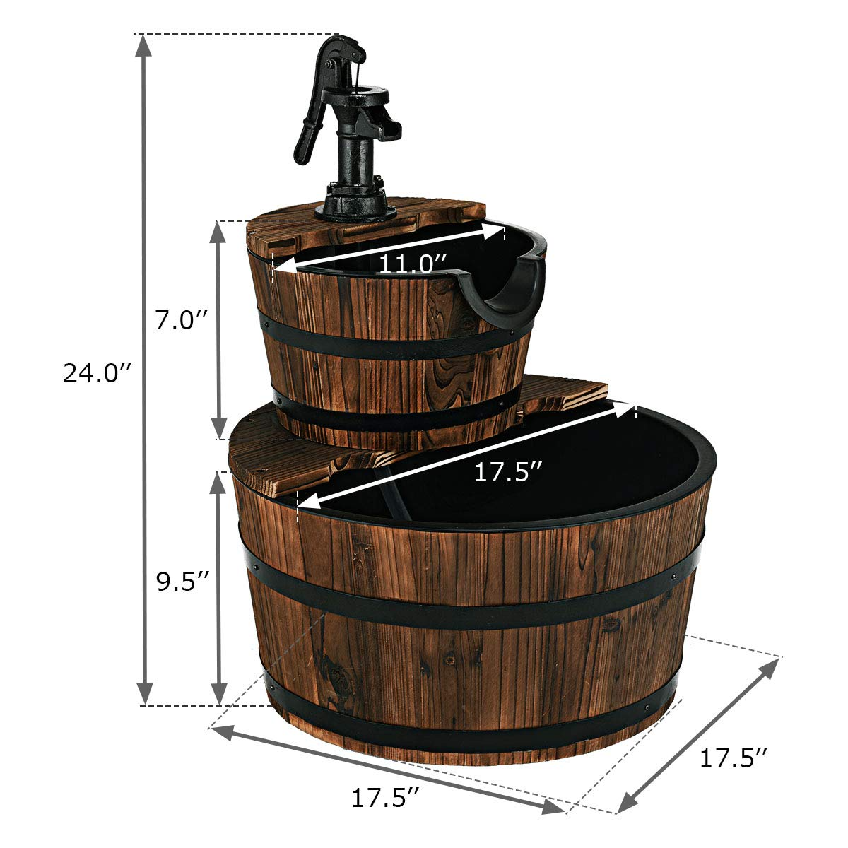 Lucktree 2-Tier Barrel Waterfall Fountain with Hand Pump