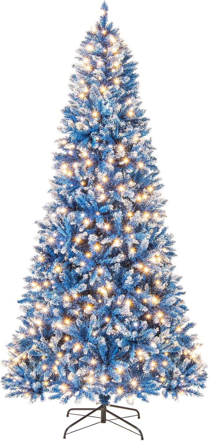 Lucktree Blue Hinged Xmas Tree with Frosted PVC Branch Tips & Warm White LED Lights