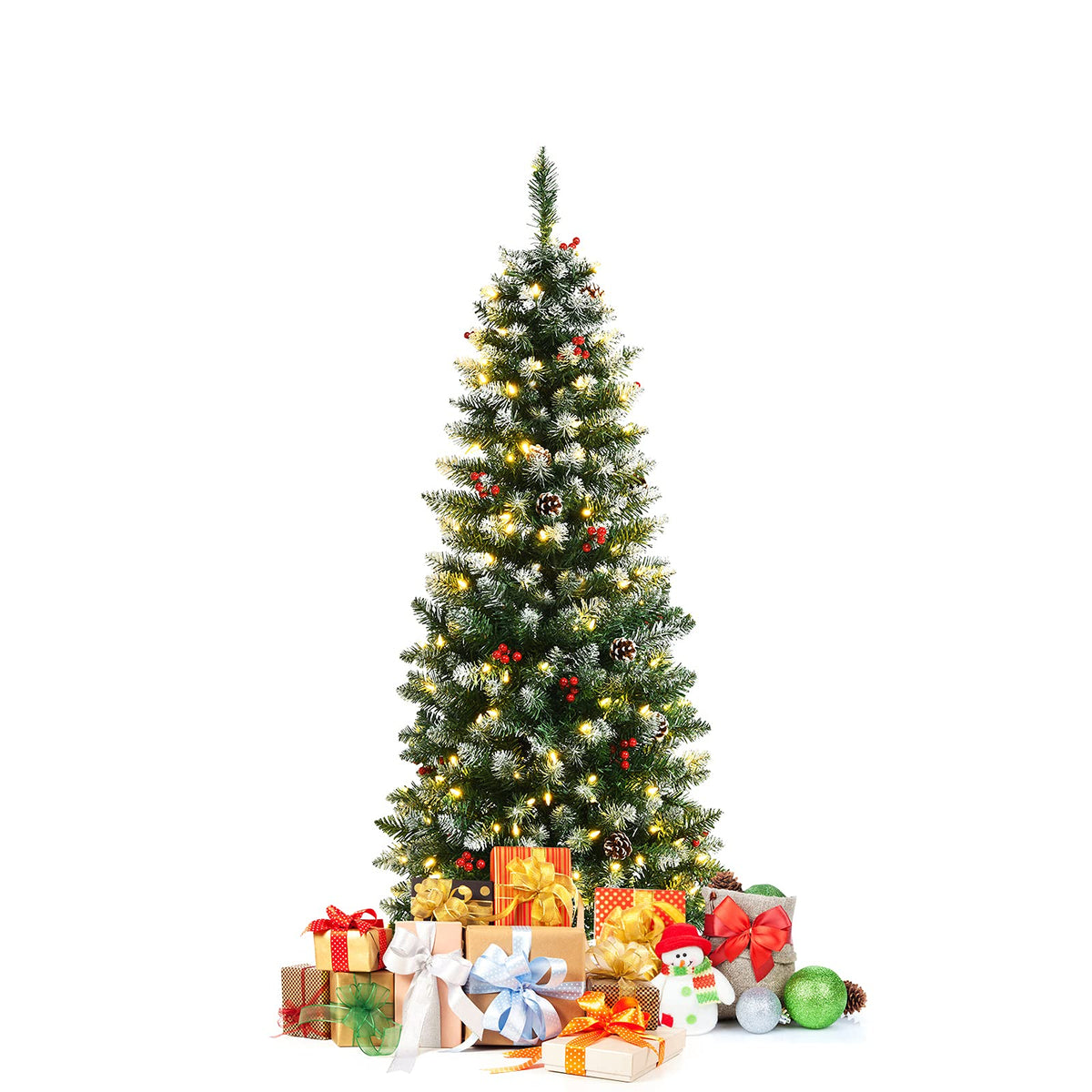 5ft Pre-lit Pencil Christmas Tree, Snow Flocked Artificial Hinged Xmas Tree - LucktreeUS