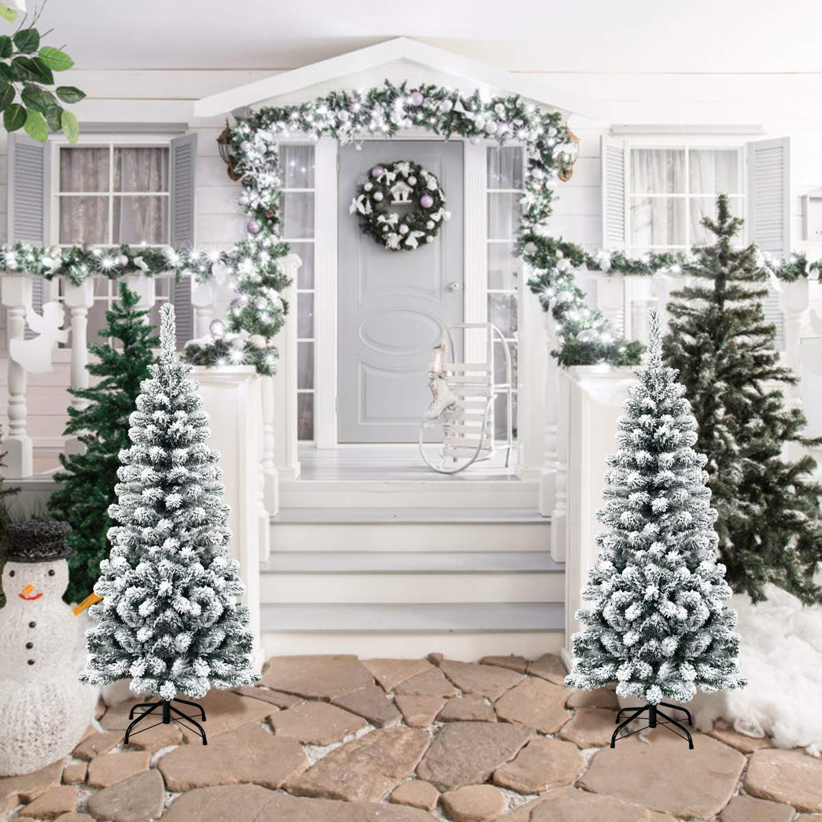 Lucktree Artificial Snow Flocked Christmas Tree, Slim Xmas Snowy Tree for Indoor and Outdoor Use - LucktreeUS