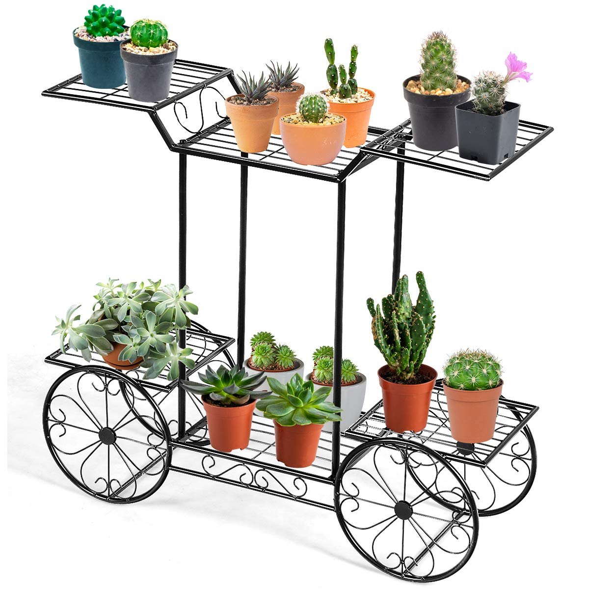 Lucktree Garden Cart Metal Plant Stand with 4 Decorative Wheels