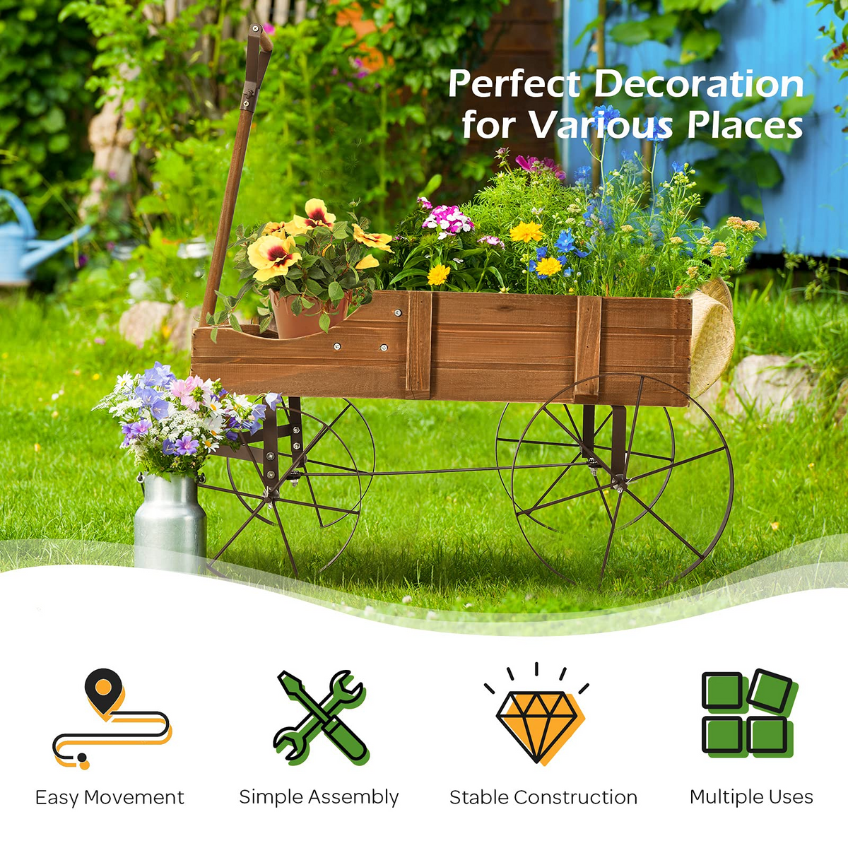 Lucktree Decorative Garden Planter, Small Wagon Cart with Metal Wheels, Wood Raised Beds Plant Pot Stand for Backyard Garden Patio 24.5"x13.5"x24"