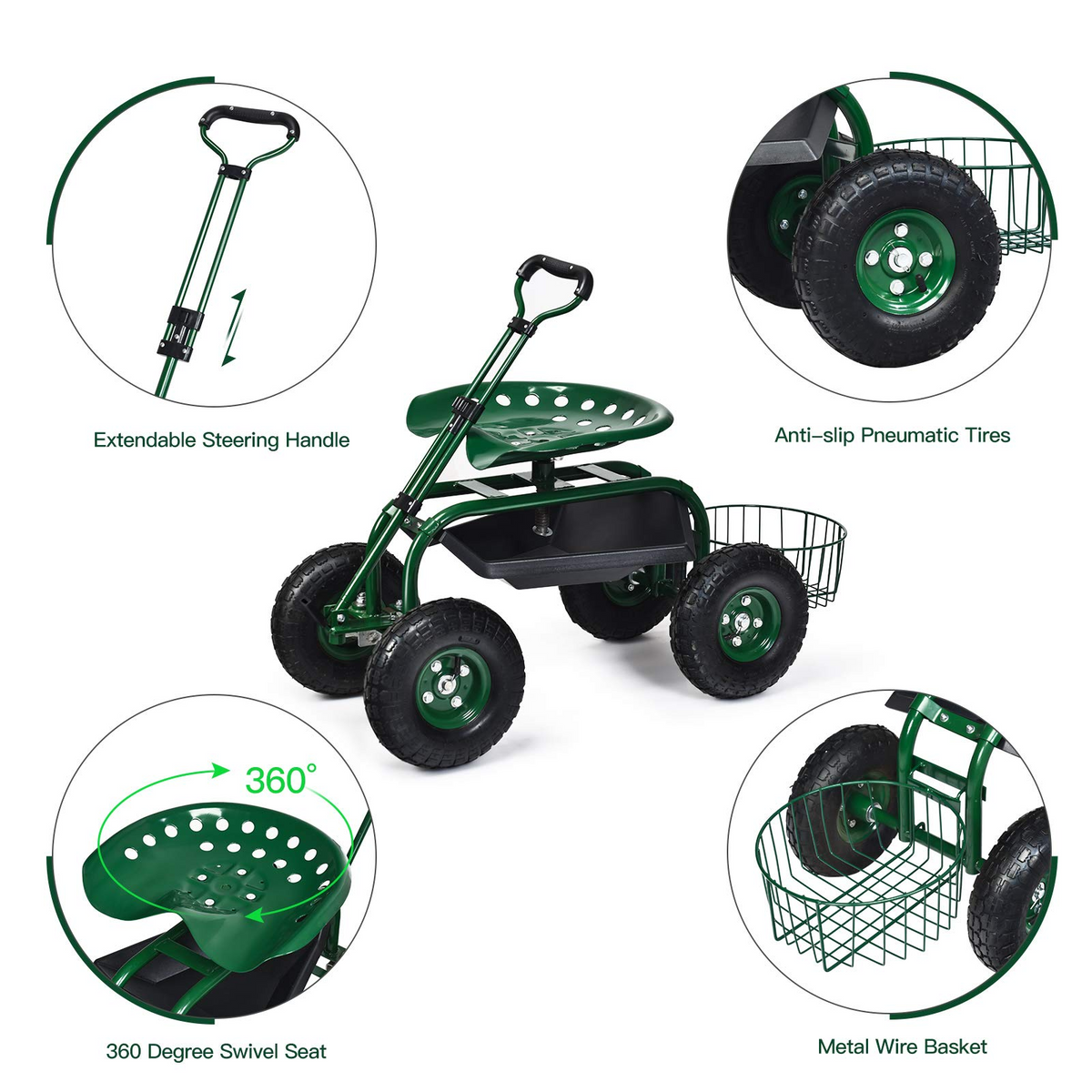 4-Wheel Garden Workseat with Storage Basket - Lucktree