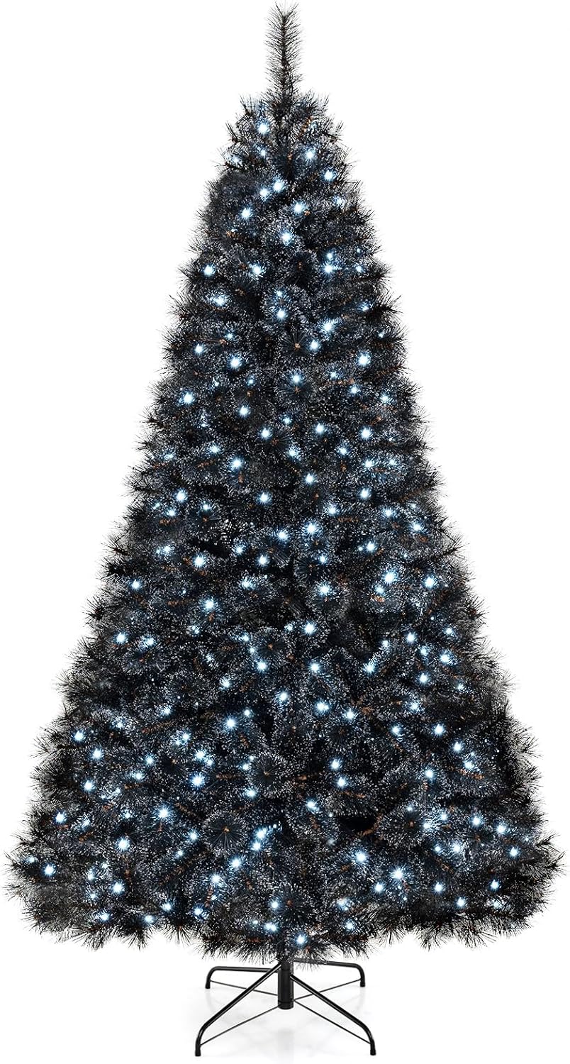 Lucktree 6/7/8 ft Pre-Lit Black Halloween Christmas Tree, Artificial Hinged Xmas Full Tree with 362/572/860 Pine Needles & PVC Branch Tips