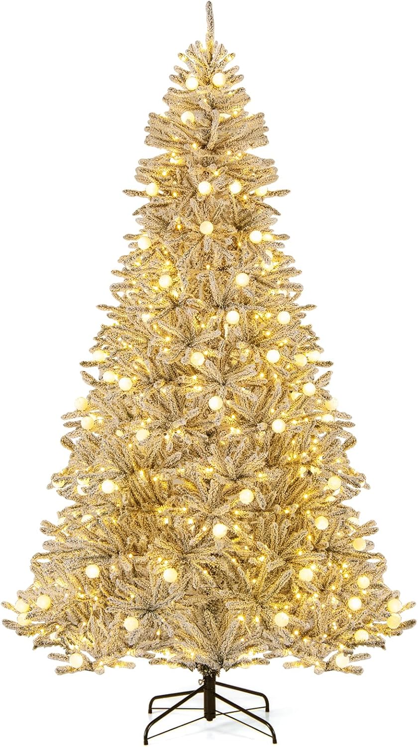 Lucktree Pre-Lit Snow Flocked Christmas Tree with Warm White LED Lights & Globe Lights