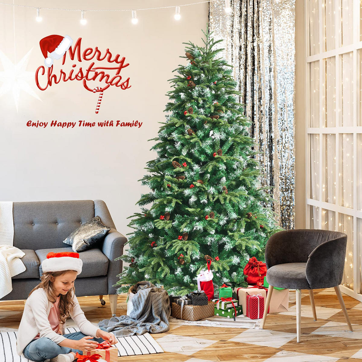 Lucktree 7FT Pre-Lit Artificial Christmas Tree, Hinged Realistic Snowy Xmas Pine Tree W/ 450 Color Changing LED Lights, 11 Flash Modes - LucktreeUS
