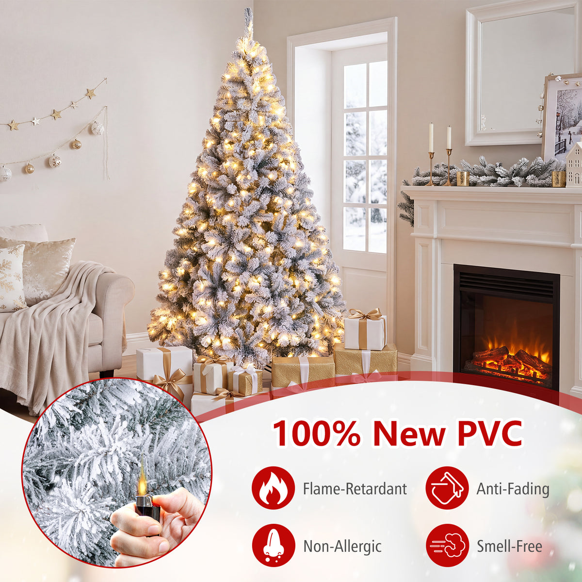 6/7.5/9/4.5 FT Snow-Flocked Christmas Tree, Pre-lit Xmas Tree w/ 250/450/550/150 Warm White LED Lights & 600/1010/1498/295 Branch Tips