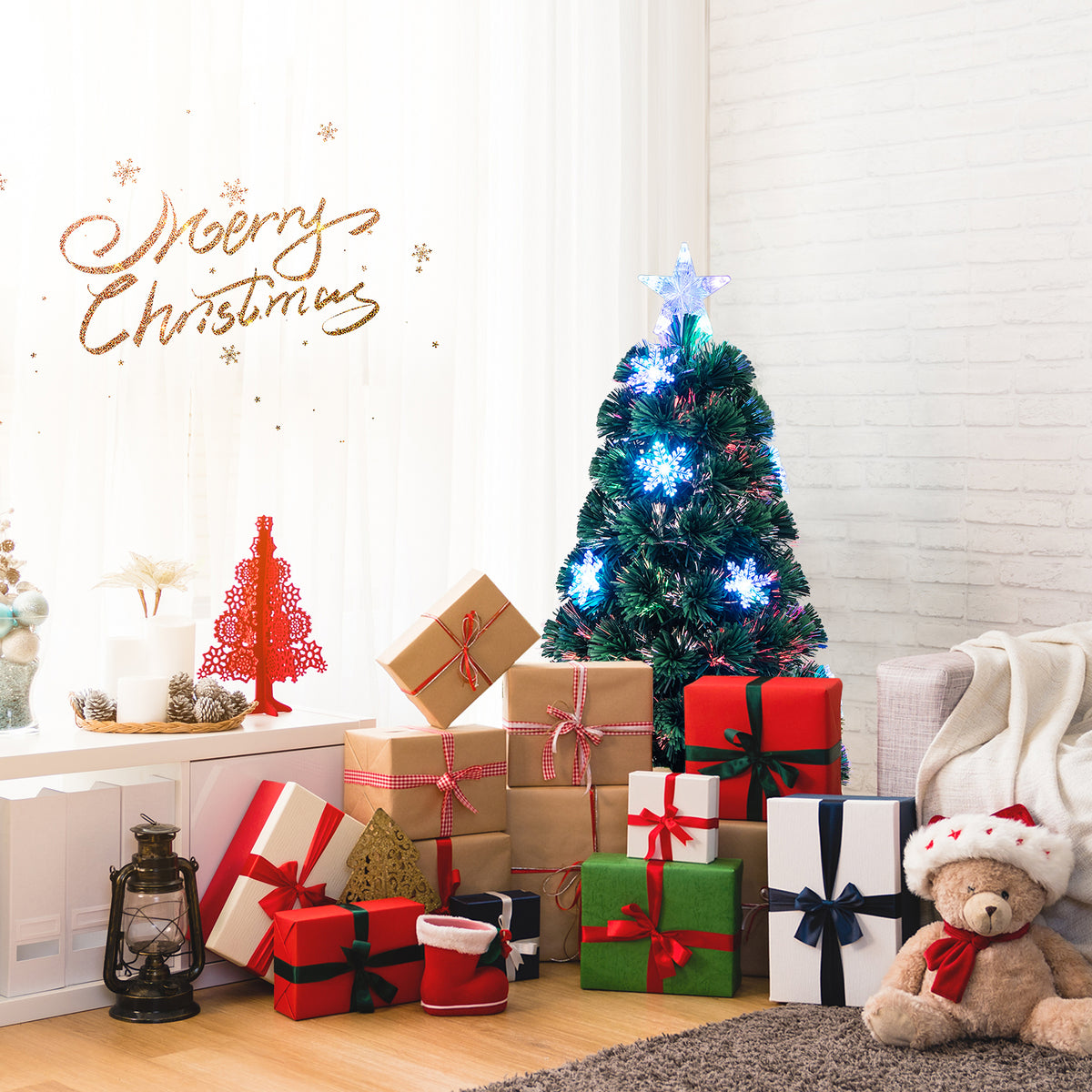 3FT Pre-Lit Optical Fiber Christmas Artificial Tree with Multicolor LED Lights and Snowflakes