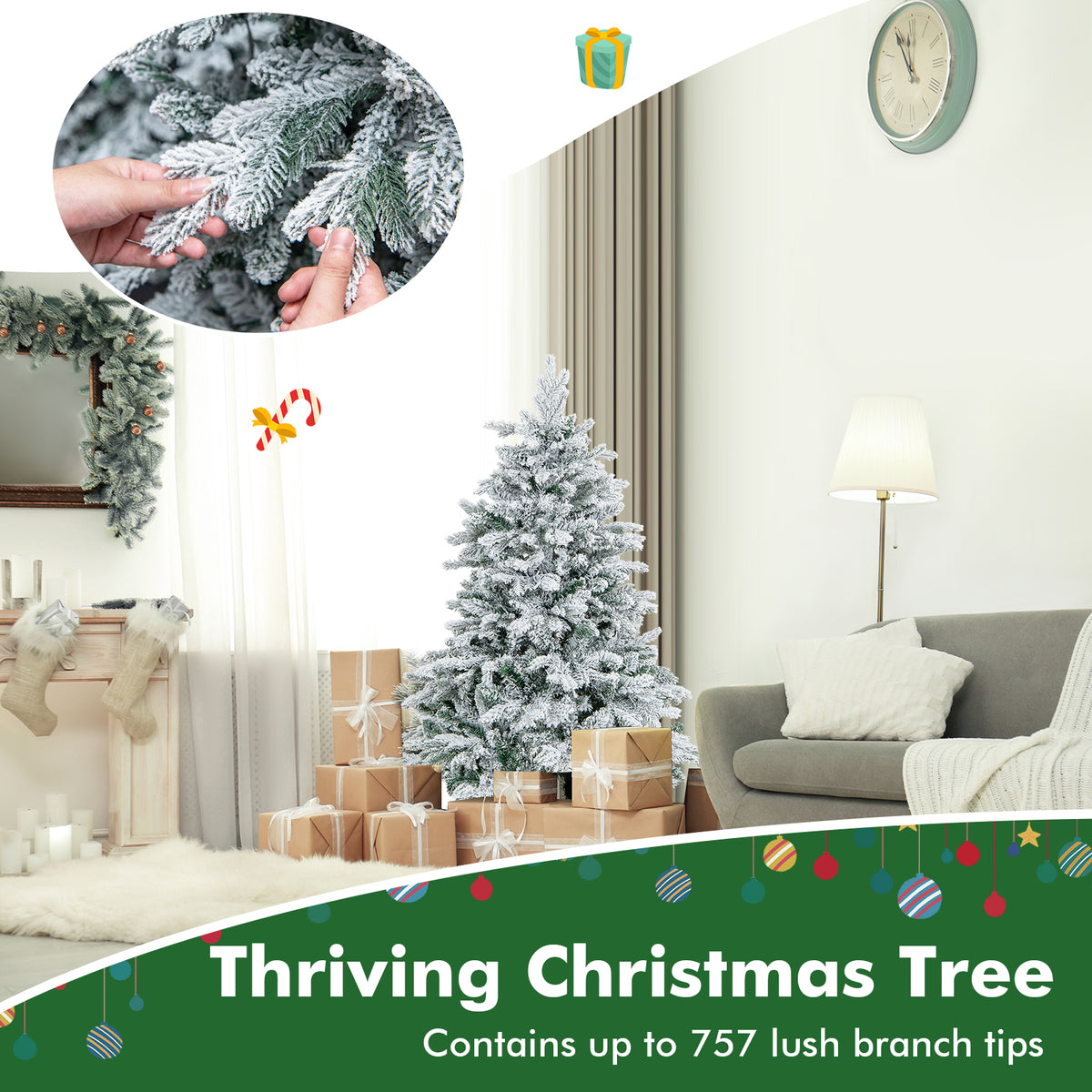 4.5 FT Pre-Lit Christmas Tree Snow Flocked, Artificial Christmas Tree with 757 Branch Tips