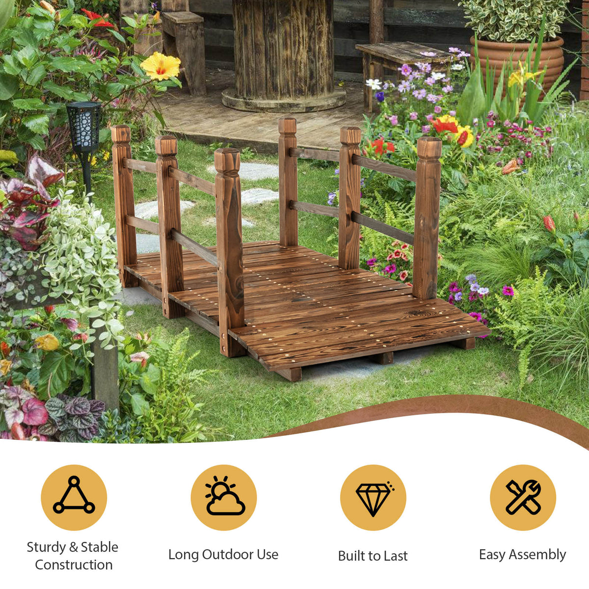Arched Outdoor Footbridge, 5 FT Fir Wood Garden Crossing with Dual Safety Side Rails