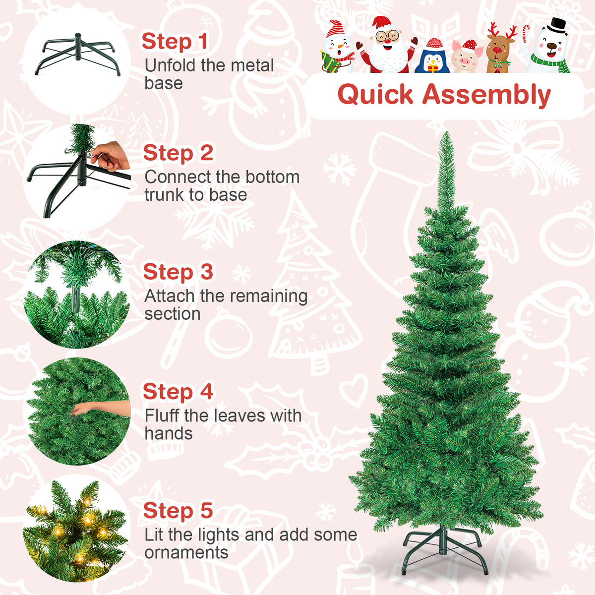 4.5 ft Snow Flocked Pencil Christmas Tree, Pre-Lit Slim Xmas Tree with 226 Branch Tips
