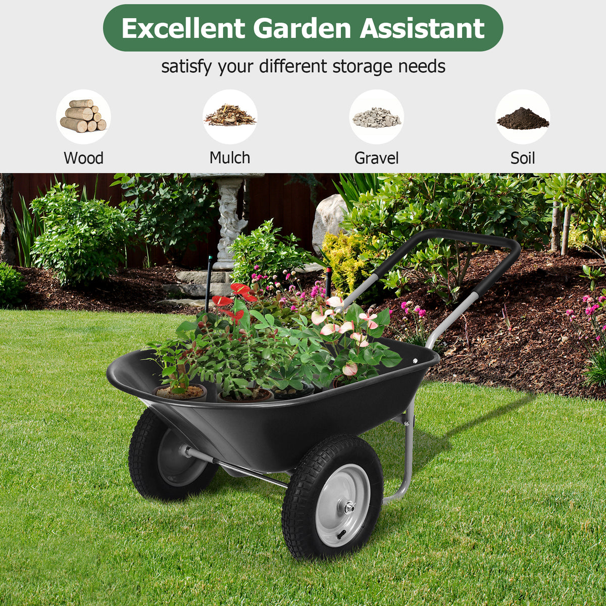 Garden Cart Wheelbarrow, 2-Wheel Outdoor Trolley with Metal Frame, 14" Pneumatic Tires
