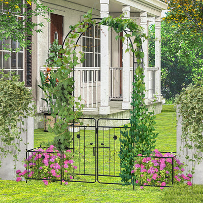 87" Steel Garden Arch with Planter Beds, Dig-Free Wedding Arbor w/Lockable Gates for Vines