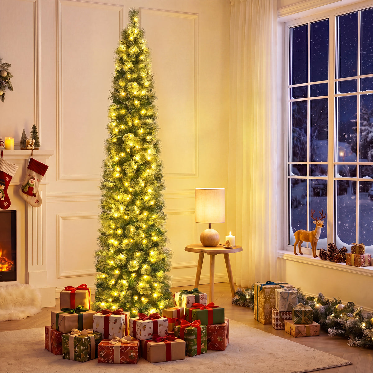7FT Pre-lit Pencil Christmas Tree, Slim Artificial Xmas Tree with 150 Warm White LED Lights