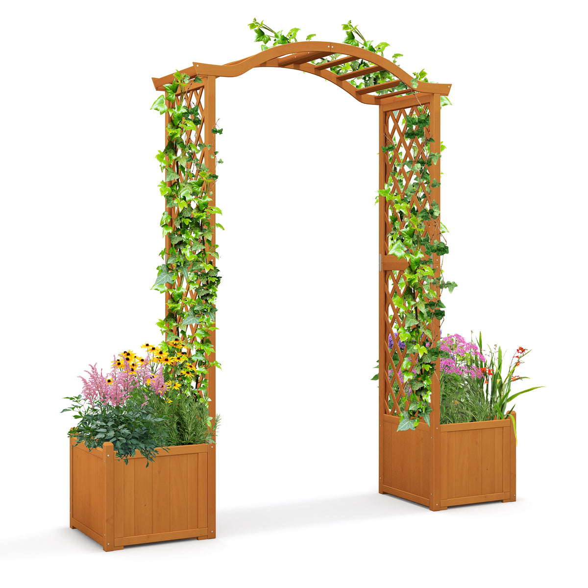 Wooden Garden Arbor with Planter Boxes, White Trellis Archway for Climbing Plants & Decorations