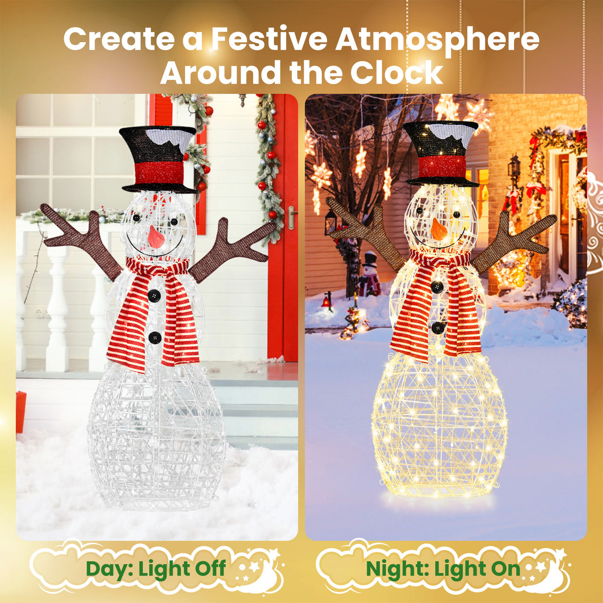 3.6 FT Lighted Christmas Snowman, Outdoor Xmas Holiday Decoration with 80 Warm LED Lights