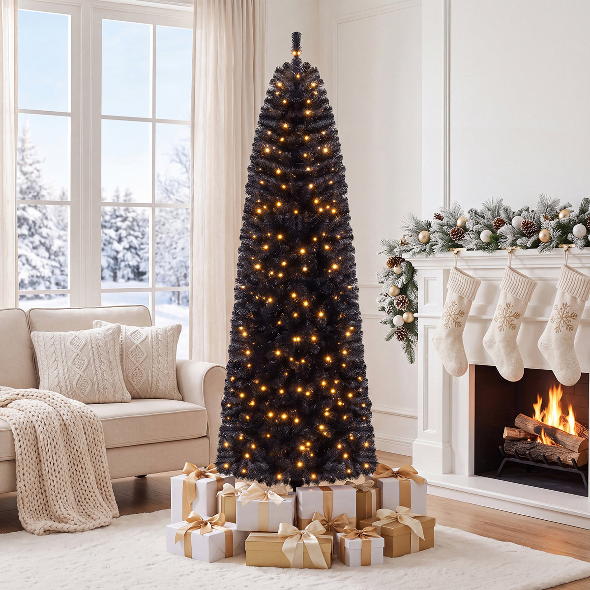 7/8 FT Pre-Lit Black Christmas Tree, Slim Artificial Halloween & Xmas Tree