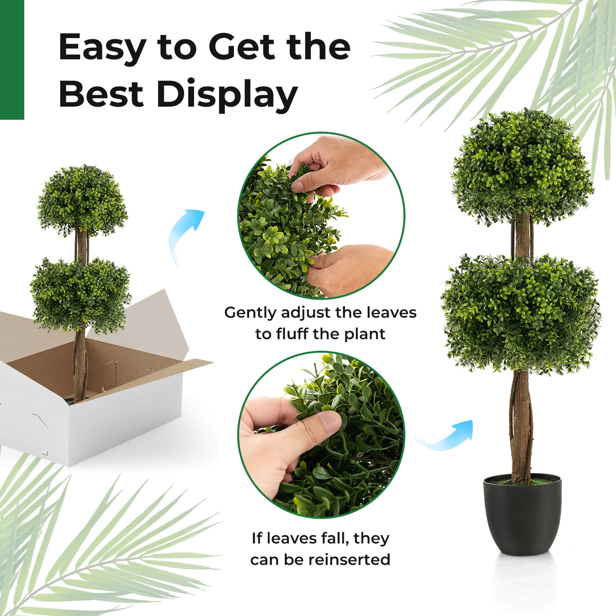 40" Artificial Boxwood Topiary Ball Tree, Double Ball Boxwood Plant with Cement-Filled Plastic Pot