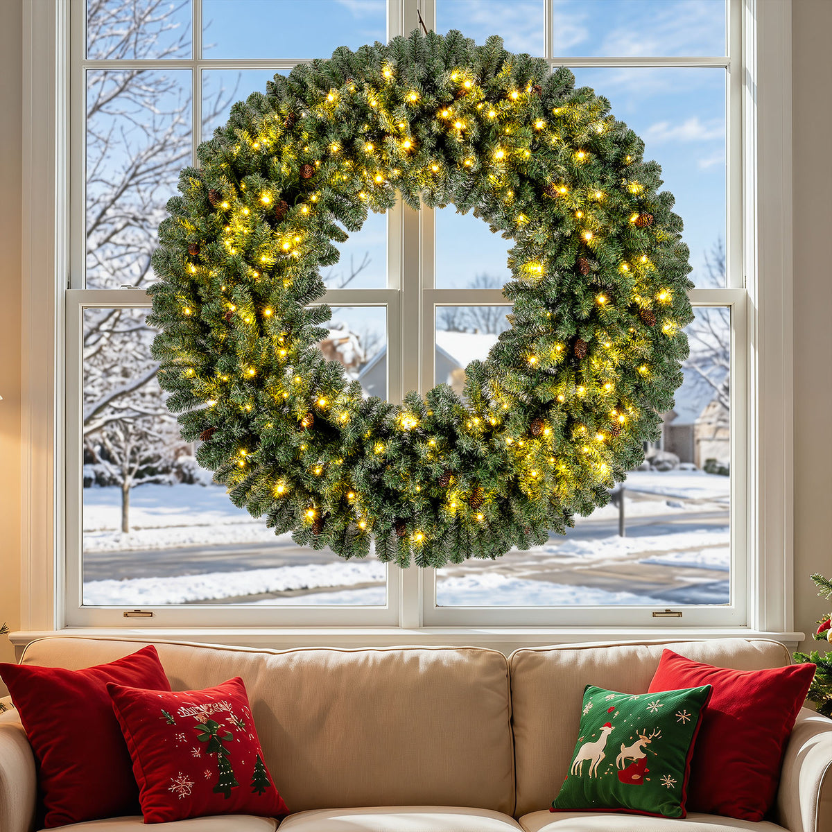60” Large Pre-lit Christmas Wreath, Artificial Christmas Wreath with 680 Snowy Branch Tips