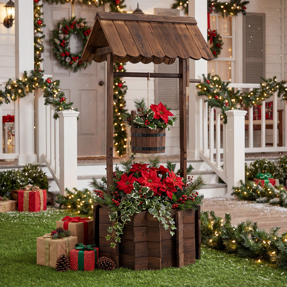 Rustic Outdoor Garden Decoration with Solid Fir Wood Construction, Wooden Wishing Well Planter with Hanging Bucket