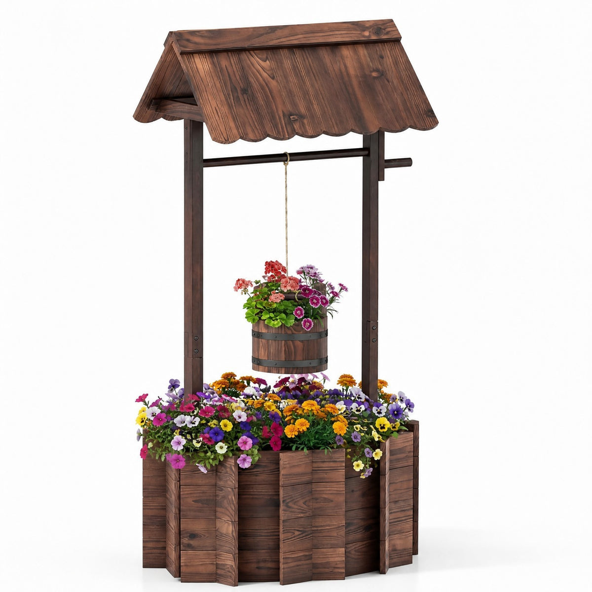 Rustic Outdoor Garden Decoration with Solid Fir Wood Construction, Wooden Wishing Well Planter with Hanging Bucket