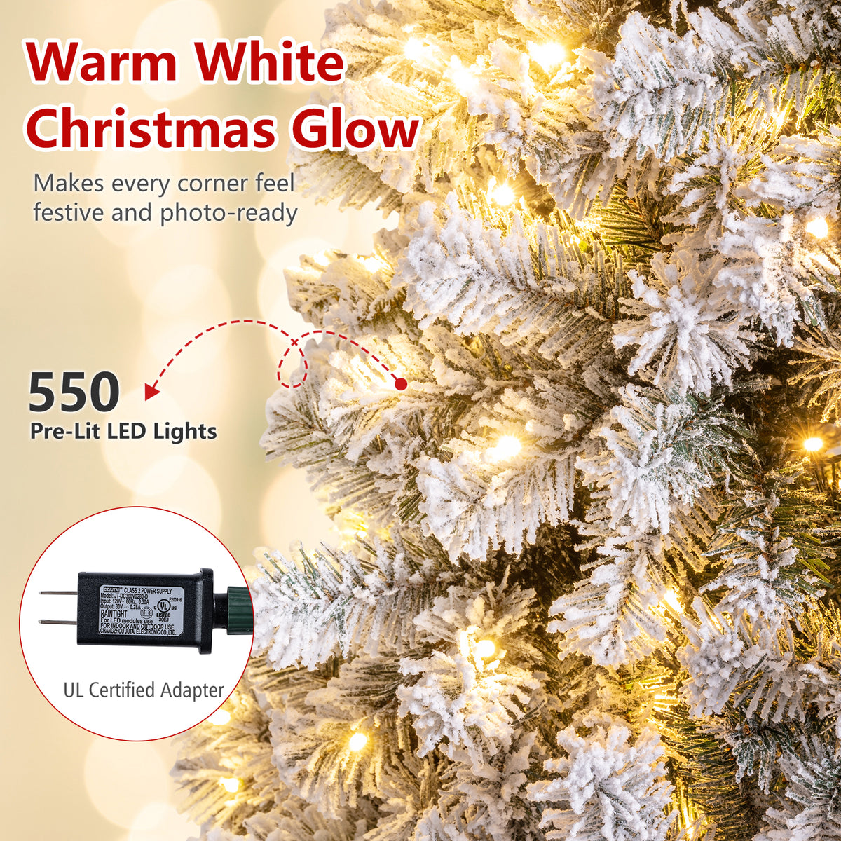 6/7.5/9/4.5 FT Snow-Flocked Christmas Tree, Pre-lit Xmas Tree w/ 250/450/550/150 Warm White LED Lights & 600/1010/1498/295 Branch Tips
