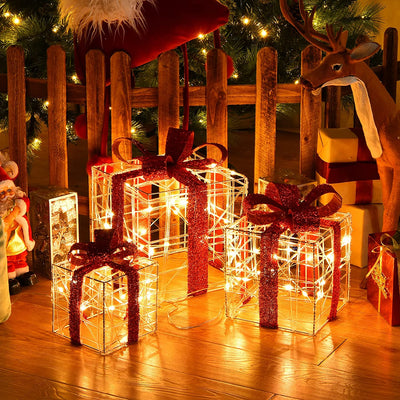 Lighted Gift Boxes Christmas Decoration, Set of 3 White Present Ornament Boxes with 60 LED Lights - LucktreeUS