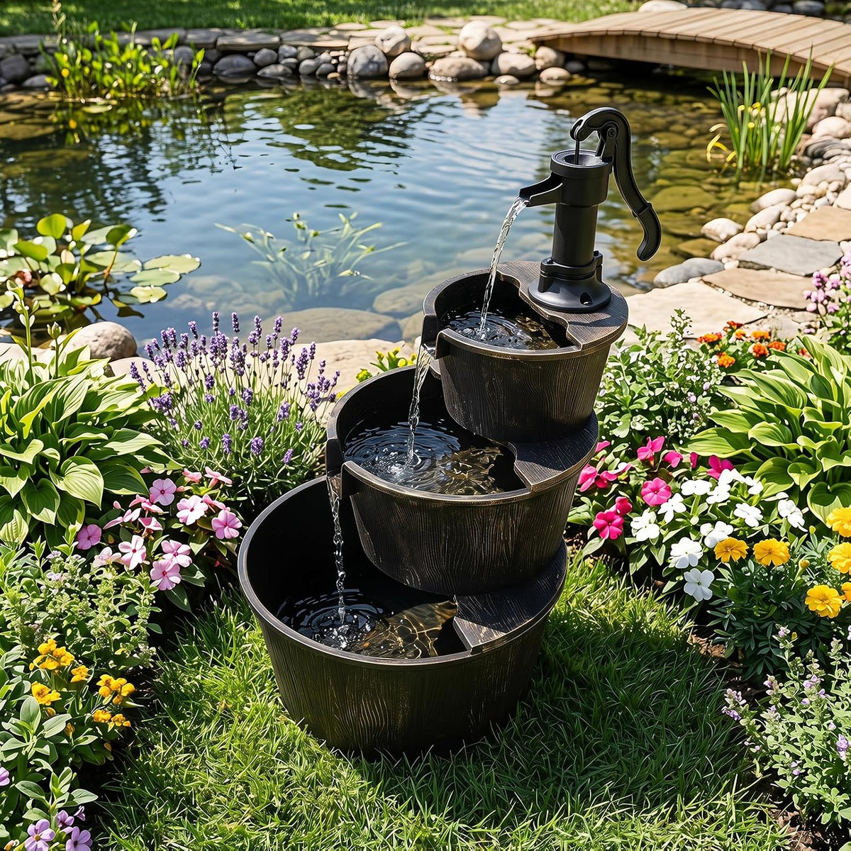 Lucktree 3-Tier Barrel Waterfall Fountain with Electric Pump
