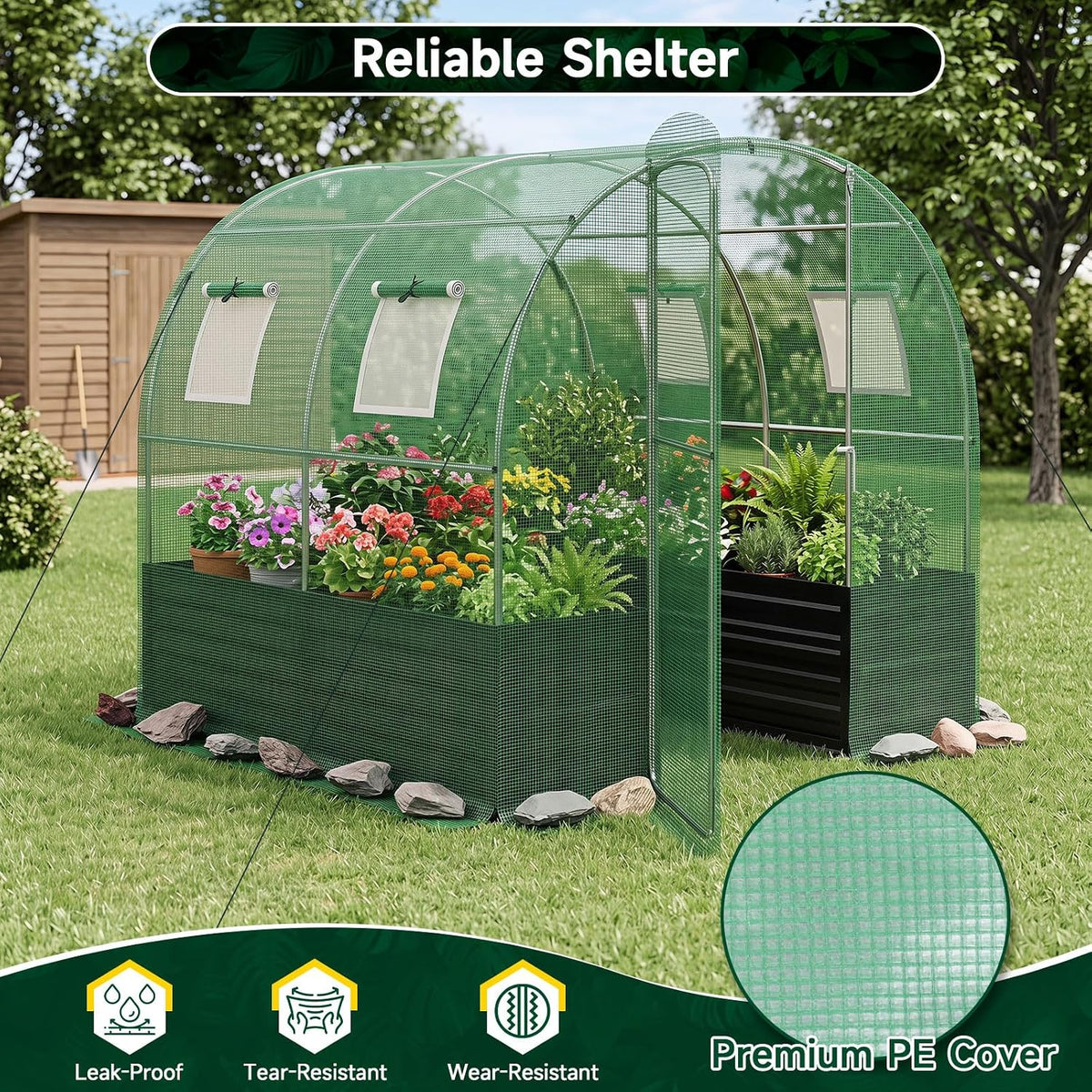 Lucktree 6.5 x 6.5 Ft Walk-in Greenhouse with Raised Garden Bed | Plant Hot House with Galvanized Steel Frame
