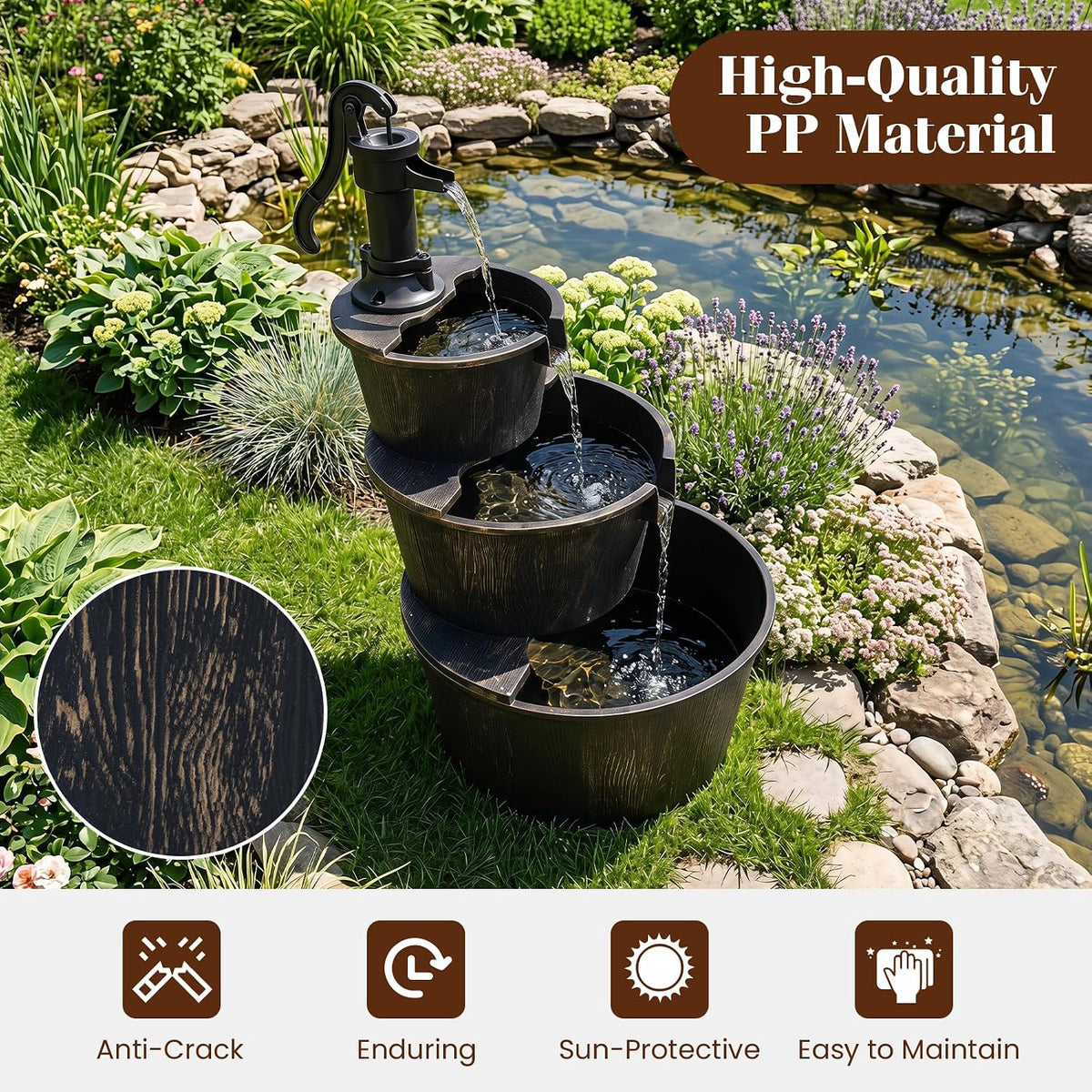 Lucktree 3-Tier Barrel Waterfall Fountain with Electric Pump