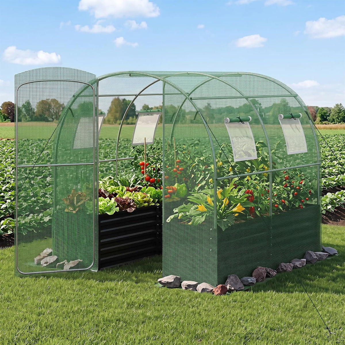 Lucktree 6.5 x 6.5 Ft Walk-in Greenhouse with Raised Garden Bed | Plant Hot House with Galvanized Steel Frame