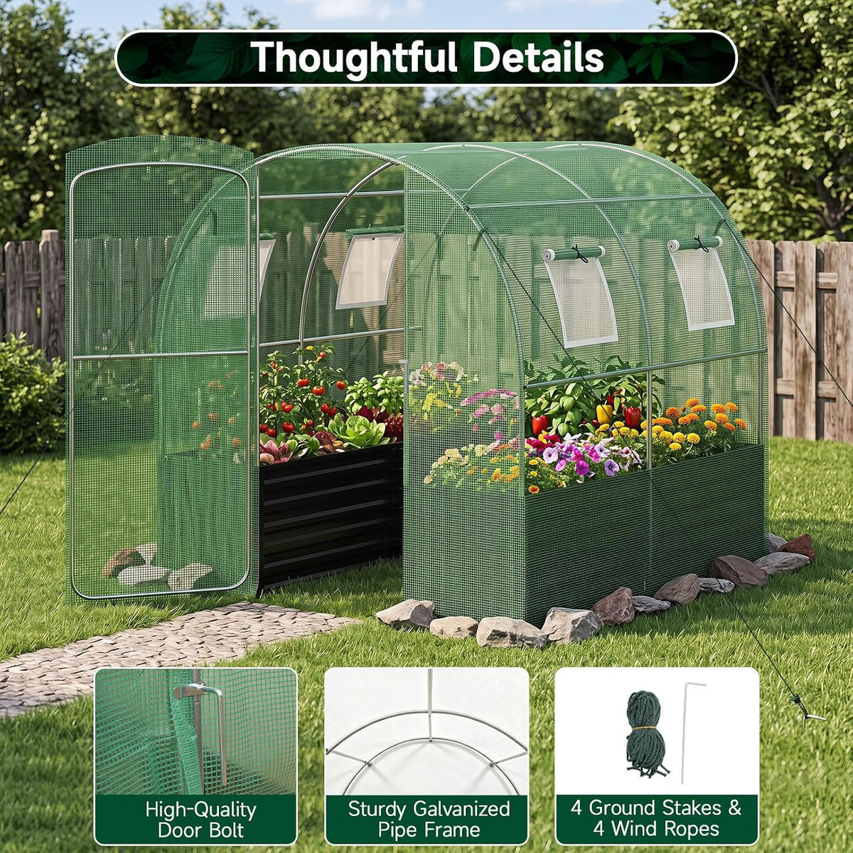 Lucktree 6.5 x 6.5 Ft Walk-in Greenhouse with Raised Garden Bed | Plant Hot House with Galvanized Steel Frame