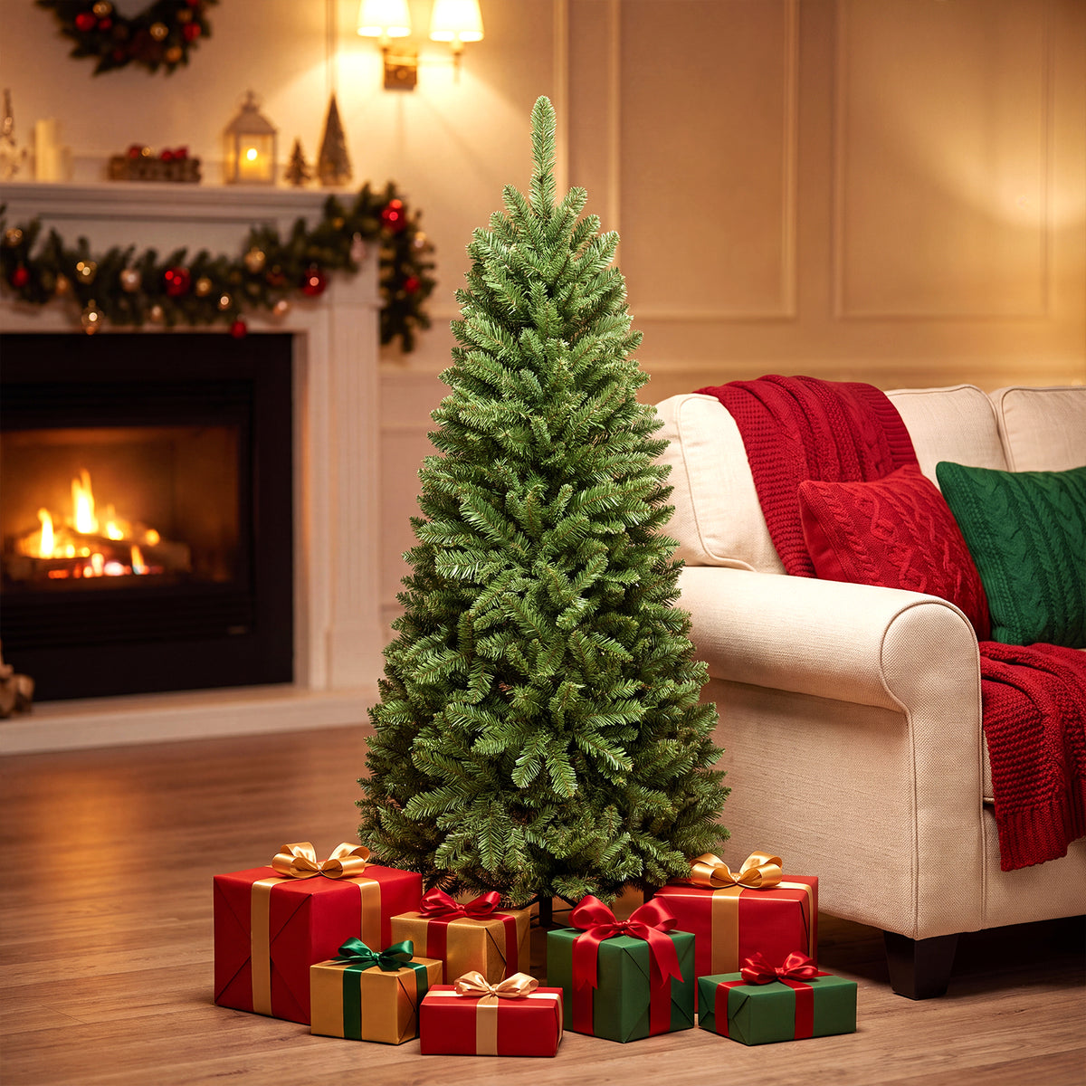 5FT/6FT/6.9FT Artificial Christmas Tree, Modern Christmas Tree w/ LED Lighting